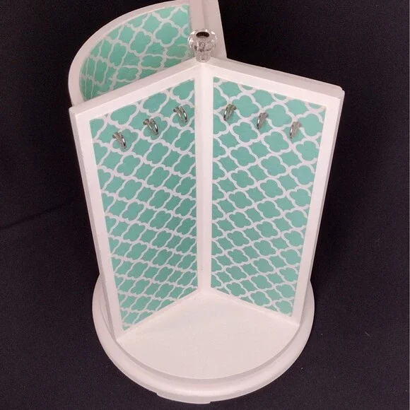 Pottery Barn Teen Rotating Spinning 3-sided White Teal Jewelry Organizer Box